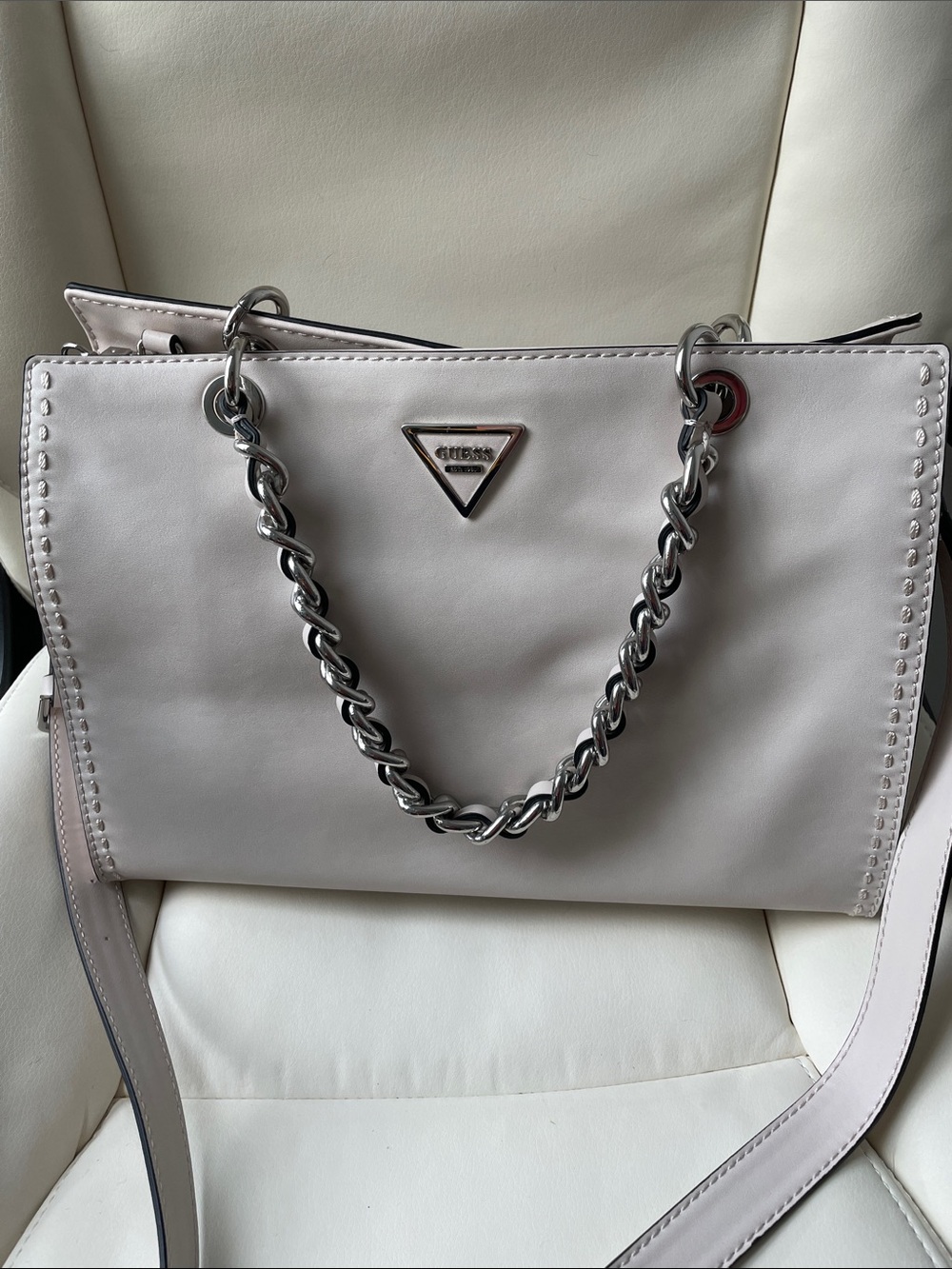 GUESS Cream Sawyer Satchel with Silver Chain Handle